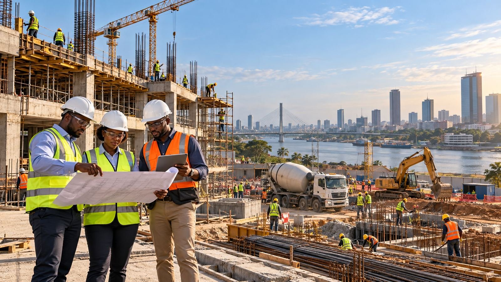 Équipe de conduite de travaux consultant un plan sur un chantier de construction