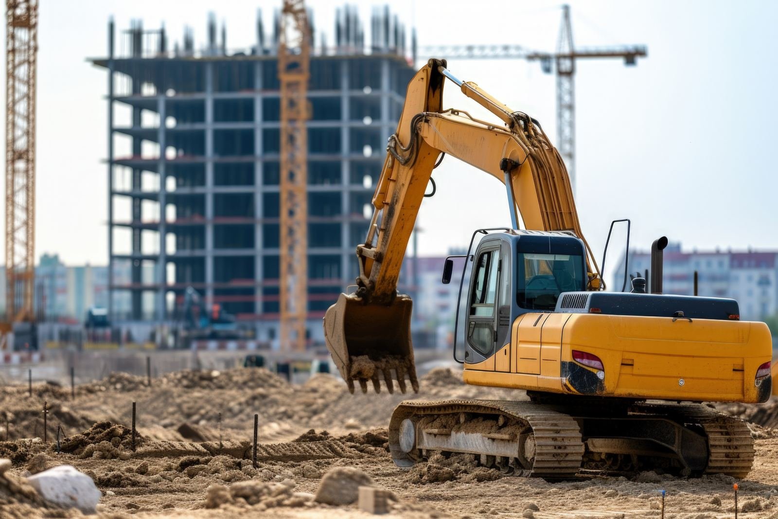 Pelleteuse en action sur un chantier de gros œuvre