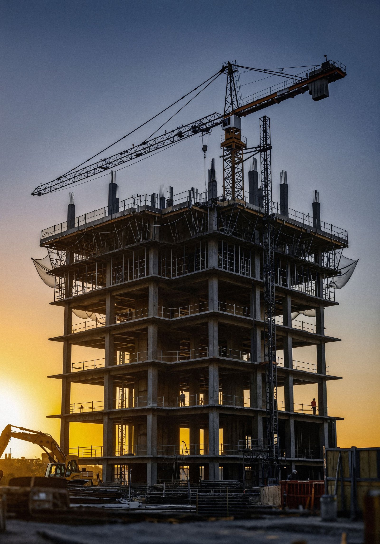 Bâtiment en construction au coucher du soleil, structure en béton armé et grue à tour