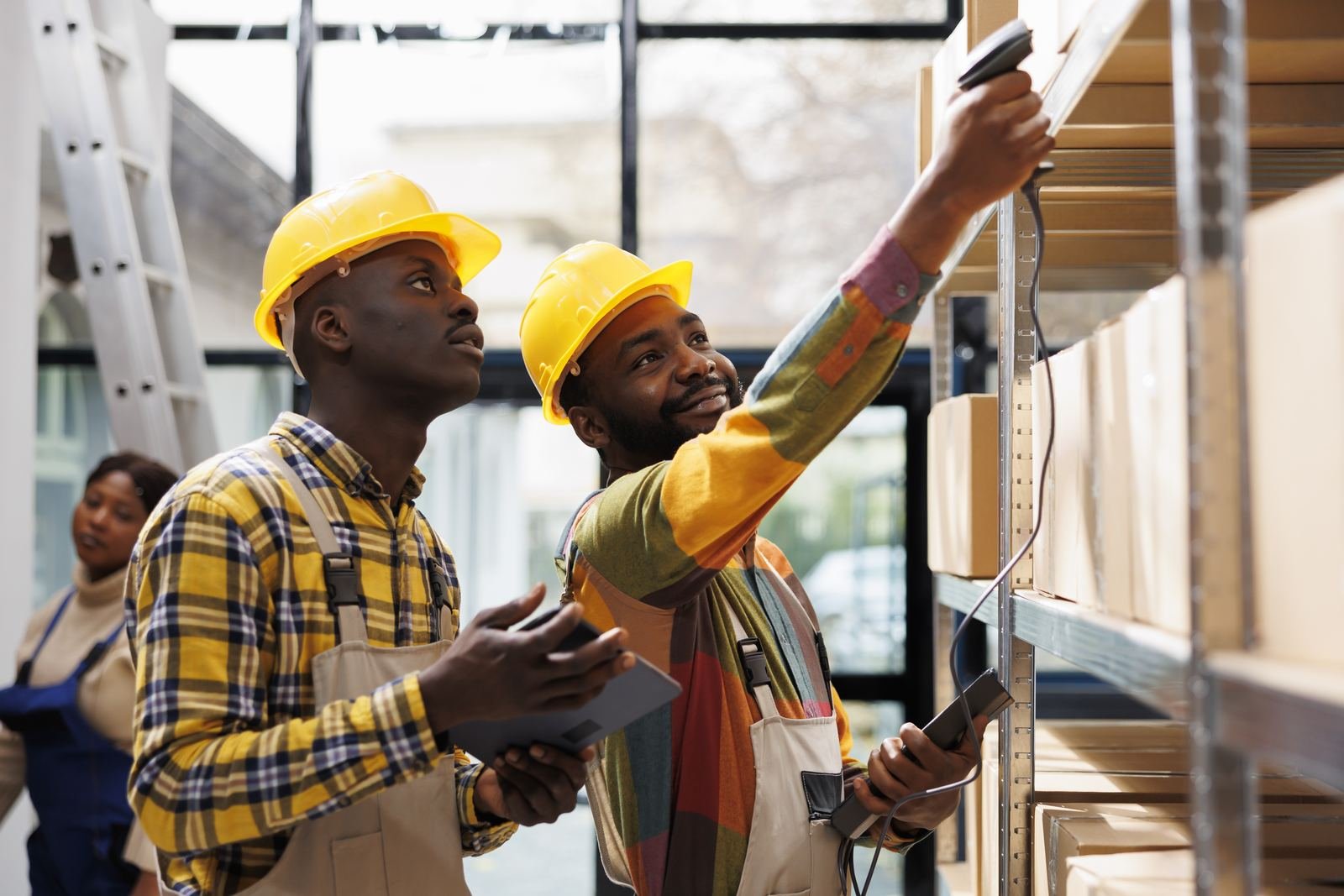 Équipe technique réalisant un contrôle de matériaux en entrepôt